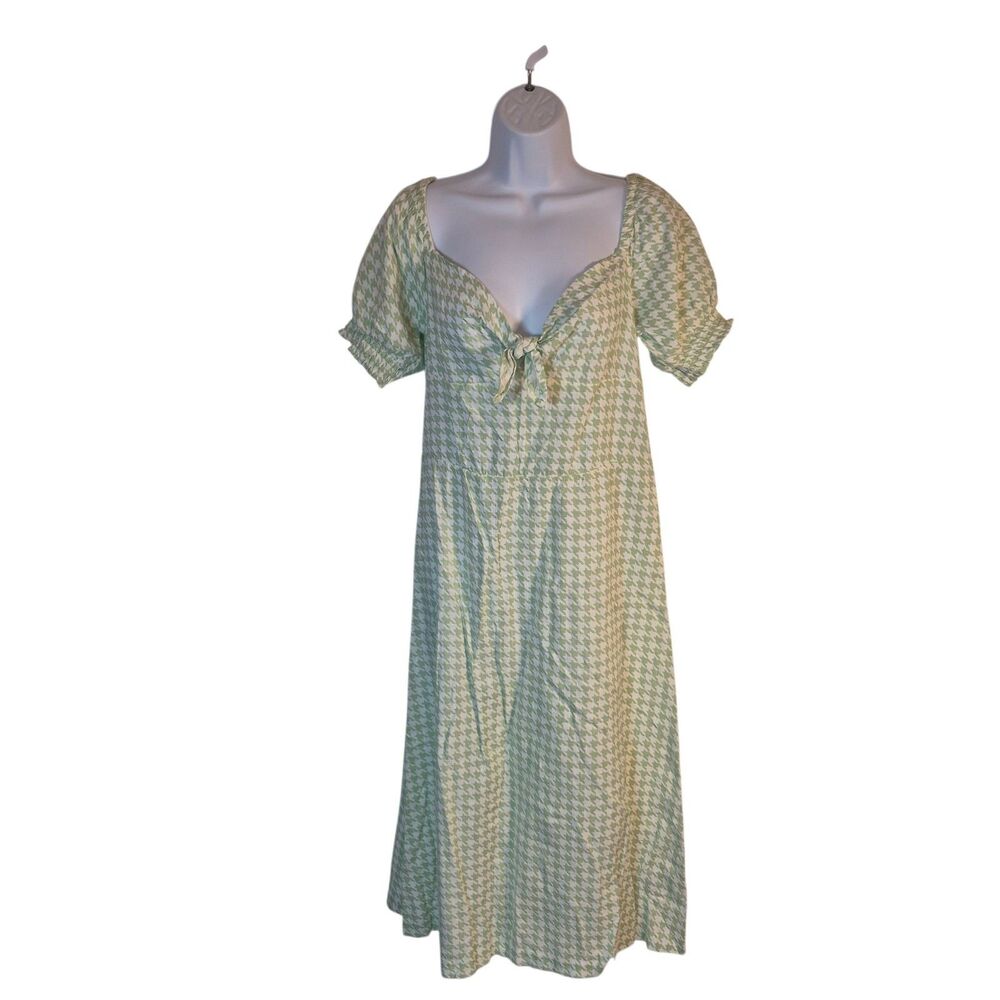 Roxy Women's Houndstooth Midi Dress Size M/10 Green Puff Sleeve Cottagecore